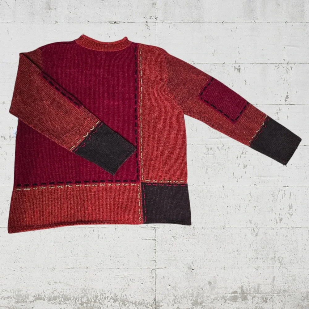 90s Vintage Red Patchwork Chenille Soft Deadstock Crewneck Sweater Size XL